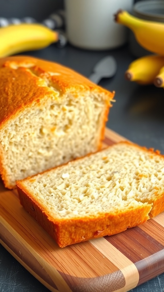 Sliced banana bread on a cutting board with ripe bananas in the background.